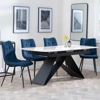 Product photograph of Westin White Ceramic Extending Dining Set - Corona Blue Fabric Dining Chair from Choice Furniture Superstore