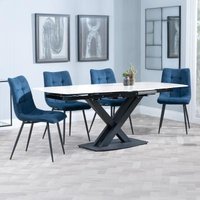 Product photograph of Arctic White Ceramic Swivel Top Extending Dining Set - Corona Blue Fabric Dining Chair from Choice Furniture Superstore