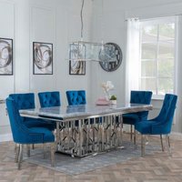 Product photograph of Vortex Grey Marble And Chrome Dining Set - Knocker Back Blue Velvet Fabric Dining Chair With Chrome Legs from Choice Furniture Superstore