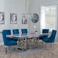 Product photograph of Vortex Grey Marble And Chrome Dining Set - Lion Knocker Back Blue Velvet Fabric Dining Chair With Chrome Legs from Choice Furniture Superstore