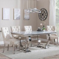Product photograph of Glacier Grey Marble And Chrome Dining Set - Knocker Back Champagne Velvet Fabric Dining Chair With Chrome Legs from Choice Furniture Superstore