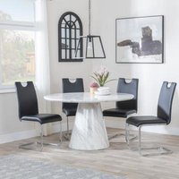 Product photograph of Carrera 4 Seater White Marble Round Dining Set - 4 Bianco Black Faux Leather Dining Chair from Choice Furniture Superstore