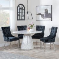 Product photograph of Carrera 4 Seater White Marble Round Dining Set - 2 Knocker Back Black Velvet Fabric Dining Chair With Chrome Legs - Get 2 Chairs Free from Choice Furniture Superstore