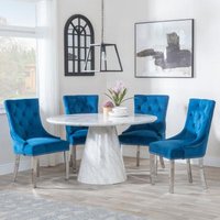 Product photograph of Carrera 4 Seater White Marble Round Dining Set - 2 Knocker Back Blue Velvet Fabric Dining Chair With Chrome Legs - Get 2 Chairs Free from Choice Furniture Superstore