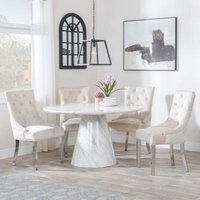 Product photograph of Carrera 4 Seater White Marble Round Dining Set - 2 Lion Knocker Back Champagne Velvet Fabric Dining Chair With Chrome Legs - Get 2 Chairs Free from Choice Furniture Superstore