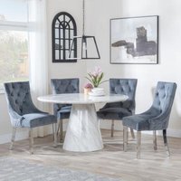 Product photograph of Carrera 4 Seater White Marble Round Dining Set - 2 Lion Knocker Back Grey Velvet Fabric Dining Chair With Chrome Legs - Get 2 Chairs Free from Choice Furniture Superstore