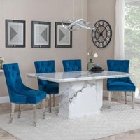 Product photograph of Naples White Marble Dining Set - Knocker Back Blue Velvet Fabric Dining Chair With Chrome Legs - Get 2 Chairs Free from Choice Furniture Superstore