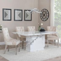 Product photograph of Naples White Marble Dining Set - Knocker Back Champagne Velvet Fabric Dining Chair With Chrome Legs - Get 2 Chairs Free from Choice Furniture Superstore