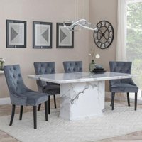 Product photograph of Naples White Marble Dining Set - Knocker Back Grey Velvet Fabric Dining Chair With Black Wooden Legs - Get 2 Chairs Free from Choice Furniture Superstore