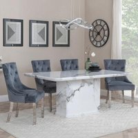Product photograph of Naples White Marble Dining Set - Knocker Back Grey Velvet Fabric Dining Chair With Chrome Legs - Get 2 Chairs Free from Choice Furniture Superstore