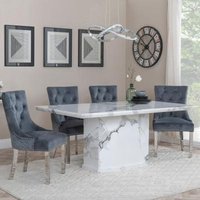 Product photograph of Naples White Marble Dining Set - Lion Knocker Back Grey Velvet Fabric Dining Chair With Chrome Legs - Get 2 Chairs Free from Choice Furniture Superstore