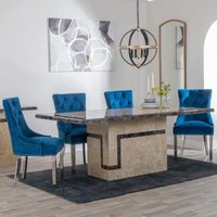 Product photograph of Venice Cream Marble Dining Set - Knocker Back Blue Velvet Fabric Dining Chair With Chrome Legs - Get 2 Chairs Free from Choice Furniture Superstore