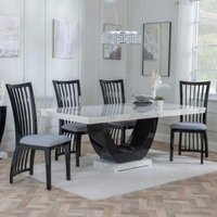 Product photograph of Madrid White Marble Dining Set - Athena Black High Gloss Slatted Back Dining Chair With Grey Seat Pads from Choice Furniture Superstore
