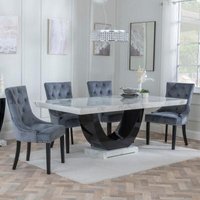 Product photograph of Madrid White Marble Dining Set - Knocker Back Grey Velvet Fabric Dining Chair With Black Wooden Legs - Get 2 Chairs Free from Choice Furniture Superstore