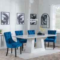 Product photograph of Milan White Marble Dining Set - Knocker Back Blue Velvet Fabric Dining Chair With Black Wooden Legs - Get 2 Chairs Free from Choice Furniture Superstore