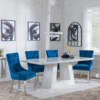 Product photograph of Milan White Marble Dining Set - Knocker Back Blue Velvet Fabric Dining Chair With Chrome Legs - Get 2 Chairs Free from Choice Furniture Superstore