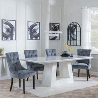 Product photograph of Milan White Marble Dining Set - Knocker Back Grey Velvet Fabric Dining Chair With Black Wooden Legs - Get 2 Chairs Free from Choice Furniture Superstore