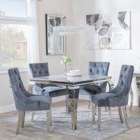 Product photograph of Louis 4 Seater Grey Marble And Chrome Square Dining Set - 4 Lion Knocker Back Grey Velvet Fabric Dining Chair With Chrome Legs from Choice Furniture Superstore