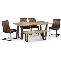 Product photograph of Brooklyn Oak 6 Seater Dining Set With 4 Brown Leather Chair And 1 Bench from Choice Furniture Superstore