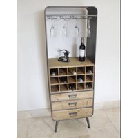 Product photograph of Dutch Retro Industrial Fir Wood And Metal 3 Drawer Wine Cabinet from Choice Furniture Superstore