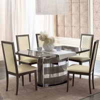 Product photograph of Modum Platinum Italian Silver Butterfly Extending Dining Set With Ivory Leather Chairs from Choice Furniture Superstore