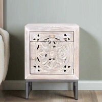 Product photograph of Quintana White Washed Carved Mango Wood 1 Door 1 Drawer Bedside Cabinet from Choice Furniture Superstore