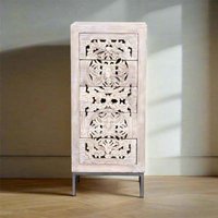 Product photograph of Quintana White Washed Carved Mango Wood 5 Drawer Tall Chest from Choice Furniture Superstore