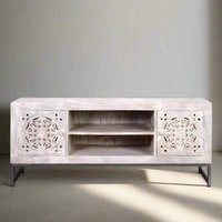 Product photograph of Quintana White Washed Carved Mango Wood Storage Tv Unit - 130cm from Choice Furniture Superstore