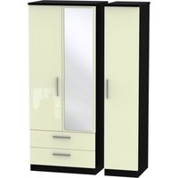 Product photograph of Knightsbridge Cream Gloss And Black 3 Door Combi Wardrobe - 1 Mirror And Lhf 2 Drawers from Choice Furniture Superstore
