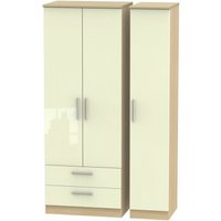 Product photograph of Knightsbridge Cream Gloss And Light Oak 3 Door Tall Triple Wardrobe - Lhf 2 Drawers from Choice Furniture Superstore