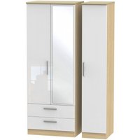 Product photograph of Knightsbridge White Gloss And Light Oak 3 Door Tall Combi Wardrobe - 1 Mirror And Lhf 2 Drawers from Choice Furniture Superstore