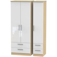 Product photograph of Knightsbridge White Gloss And Light Oak 3 Door Tall Triple Wardrobe - 4 Drawers from Choice Furniture Superstore