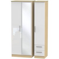 Product photograph of Knightsbridge White Gloss And Light Oak 3 Door Tall Combi Wardrobe - 1 Mirror And Rhf 2 Drawers from Choice Furniture Superstore