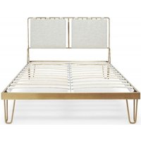 Product photograph of Finn Brass Metal 4ft 6in Double Bed Frame With Natural Woven Fabric Headboard from Choice Furniture Superstore