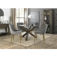 Product photograph of Bentley Designs Turin Glass 4 Seater Round Dining Table Dark Oak Legs With 4 Cezanne Grey Velvet Chairs - Gold Legs from Choice Furniture Superstore