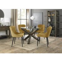 Product photograph of Bentley Designs Turin Glass 4 Seater Round Dining Table Dark Oak Legs With 4 Cezanne Mustard Velvet Chairs - Black Legs from Choice Furniture Superstore