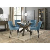 Product photograph of Bentley Designs Turin Glass 4 Seater Round Dining Table Dark Oak Legs With 4 Cezanne Petrol Blue Velvet Chairs - Black Legs from Choice Furniture Superstore