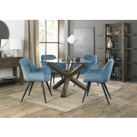 Product photograph of Bentley Designs Turin Glass 4 Seater Round Dining Table Dark Oak Legs With 4 Dali Petrol Blue Velvet Chairs from Choice Furniture Superstore