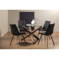 Product photograph of Bentley Designs Turin Glass 4 Seater Round Dining Table Dark Oak Legs With 4 Fontana Dark Grey Faux Suede Fabric Chairs from Choice Furniture Superstore