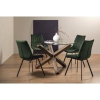 Product photograph of Bentley Designs Turin Glass 4 Seater Round Dining Table Dark Oak Legs With 4 Fontana Green Velvet Chairs from Choice Furniture Superstore