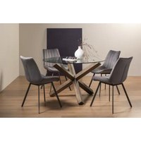 Product photograph of Bentley Designs Turin Glass 4 Seater Round Dining Table Dark Oak Legs With 4 Fontana Grey Velvet Chairs from Choice Furniture Superstore