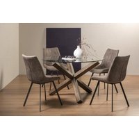 Product photograph of Bentley Designs Turin Glass 4 Seater Round Dining Table Dark Oak Legs With 4 Fontana Tan Faux Suede Fabric Chairs from Choice Furniture Superstore