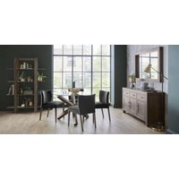 Product photograph of Bentley Designs Turin Glass 4 Seater Round Dining Table Dark Oak Legs With 4 Low Back Chairs In Gun Metal Velvet from Choice Furniture Superstore