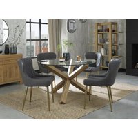 Product photograph of Bentley Designs Turin Glass 4 Seater Dining Table Light Oak Legs With 4 Cezanne Dark Grey Faux Leather Chairs - Gold Legs from Choice Furniture Superstore