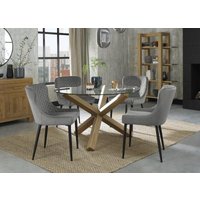Product photograph of Bentley Designs Turin Glass 4 Seater Dining Table Light Oak Legs With 4 Cezanne Grey Velvet Chairs - Black Legs from Choice Furniture Superstore