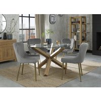 Product photograph of Bentley Designs Turin Glass 4 Seater Dining Table Light Oak Legs With 4 Cezanne Grey Velvet Chairs - Gold Legs from Choice Furniture Superstore
