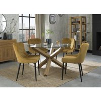 Product photograph of Bentley Designs Turin Glass 4 Seater Dining Table Light Oak Legs With 4 Cezanne Mustard Velvet Chairs - Black Legs from Choice Furniture Superstore