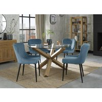 Product photograph of Bentley Designs Turin Glass 4 Seater Dining Table Light Oak Legs With 4 Cezanne Petrol Blue Velvet Chairs - Black Legs from Choice Furniture Superstore