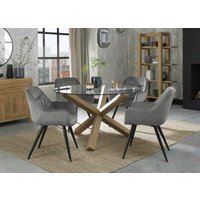 Product photograph of Bentley Designs Turin Glass 4 Seater Dining Table Light Oak Legs With 4 Dali Grey Velvet Chairs from Choice Furniture Superstore