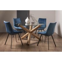 Product photograph of Bentley Designs Turin Glass 4 Seater Dining Table Light Oak Legs With 4 Fontana Blue Velvet Chairs from Choice Furniture Superstore